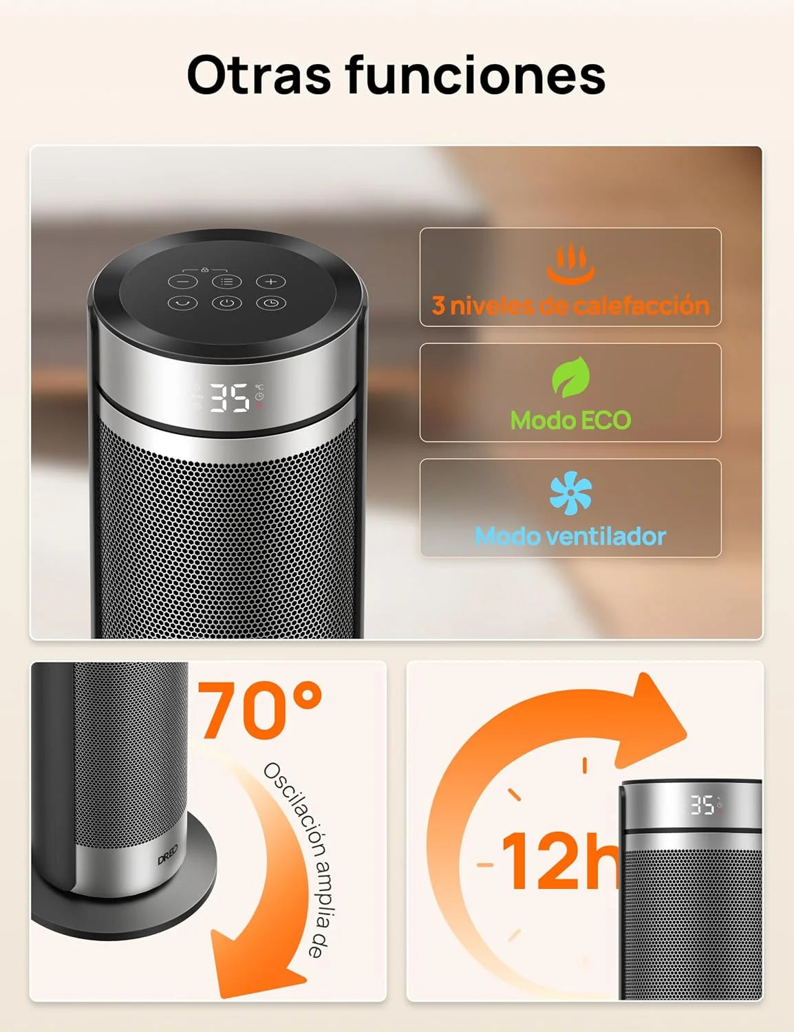 DREO Tower Heater 23 Inches 2000W Quiet, Portable Stove with Remote Control, 70° Oscillation, 12H Timer, 5 Modes, PTC Ceramic Heater with Thermostat for Office and Room