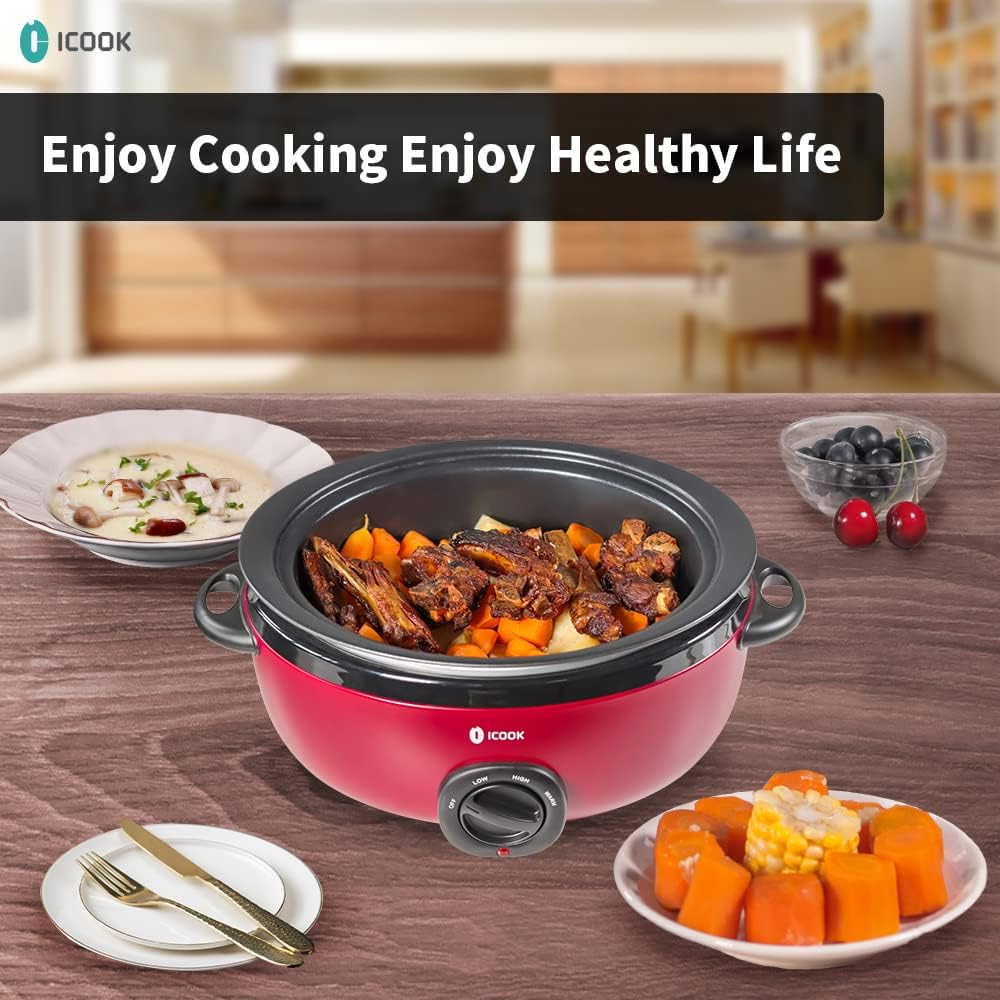 ICOOK 6.5 cuartos de galón de cocción lenta USC-65-OP001RD, olla de aluminio para estofado, apta para lavavajillas, tapa de cristal, temperatura ajustable, calentador de alimentos, rojo
