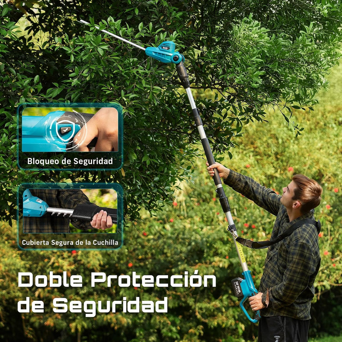 SEESII Cortasetos Telescópico Batería 20V, Cuchilla 40 cm, 2 Baterías 4,0Ah