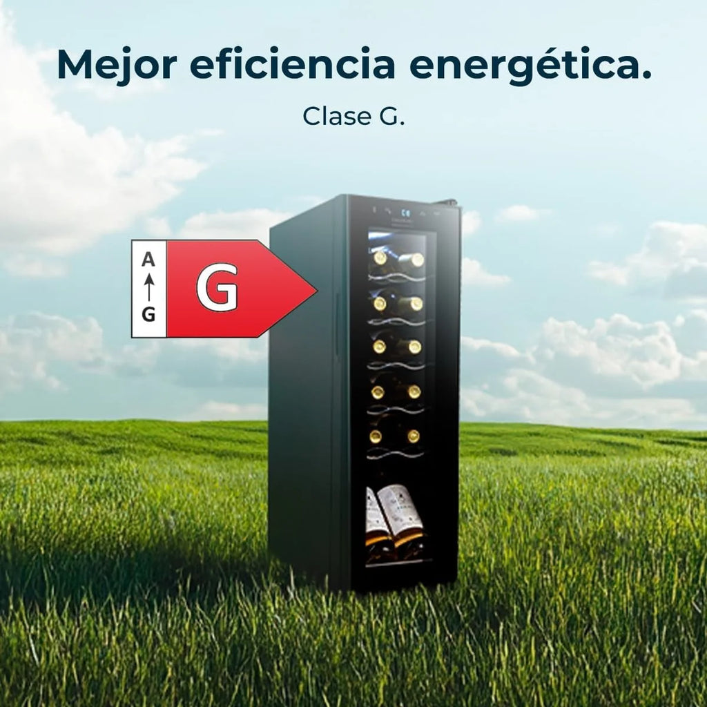 Cecotec Vinoteca Nevera para Vinos 12 Botellas Bolero GrandSommelier 1250 CoolCrystal Compressor. Libre Instalación, Temperatura Ajustable de 8-18ºC, Panel Táctil, LED
