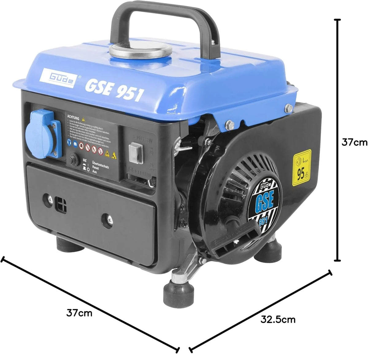 Güde Generador de corriente GSE 951 (motor de 2 tiempos, gasolina, 1/1,36 kW/CV, 1 toma de corriente de 230 V, máx. 720 W, autonomía hasta 7,5 h, depósito de 3,8 L, arranque de reversión, asa, peso