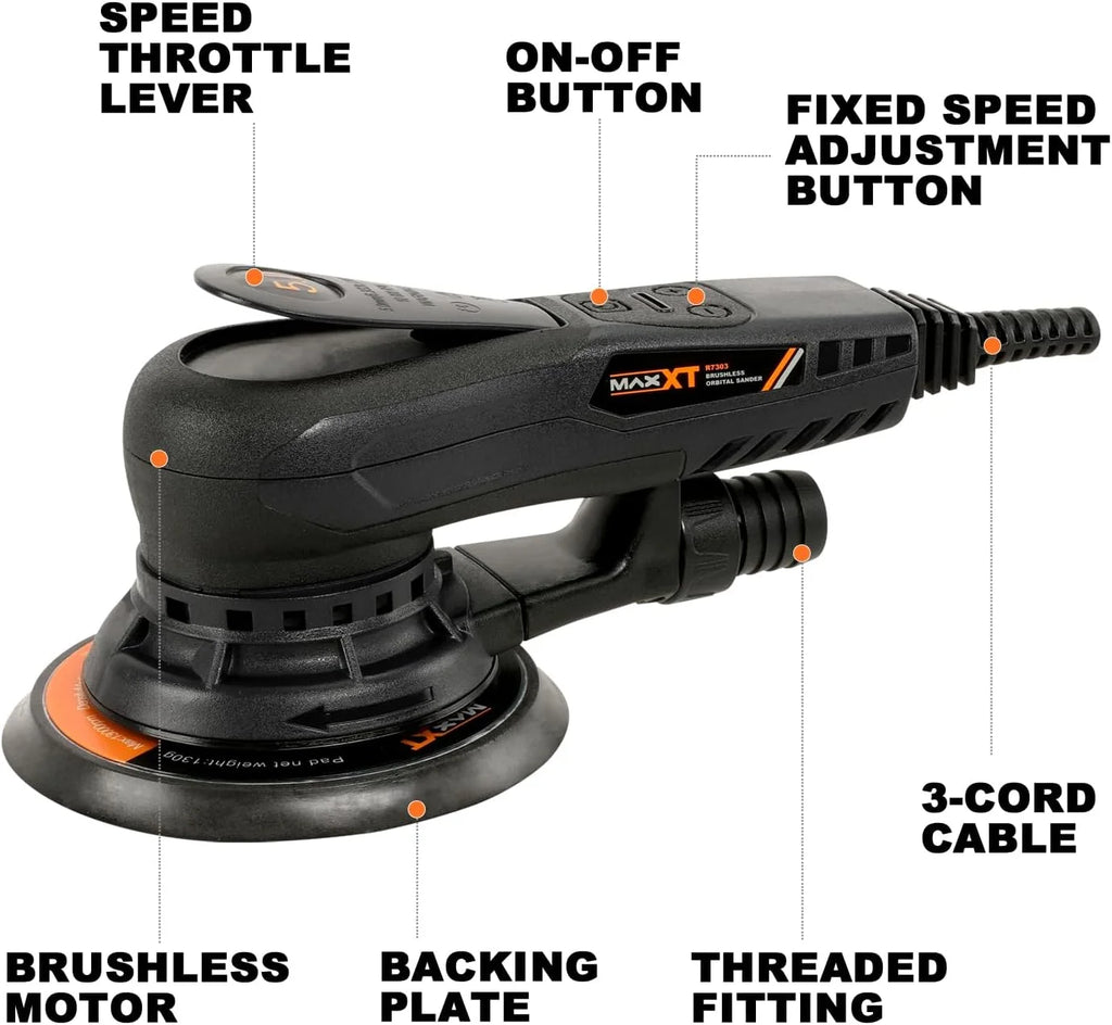 MAXXT Lijadora orbital 5.0 sin escobillas 350W, disco de 125mm&150mm, 4000-10000RPM(6 velocidades ajustables) Freno automático-2s, y 20 hojas de papel de lija