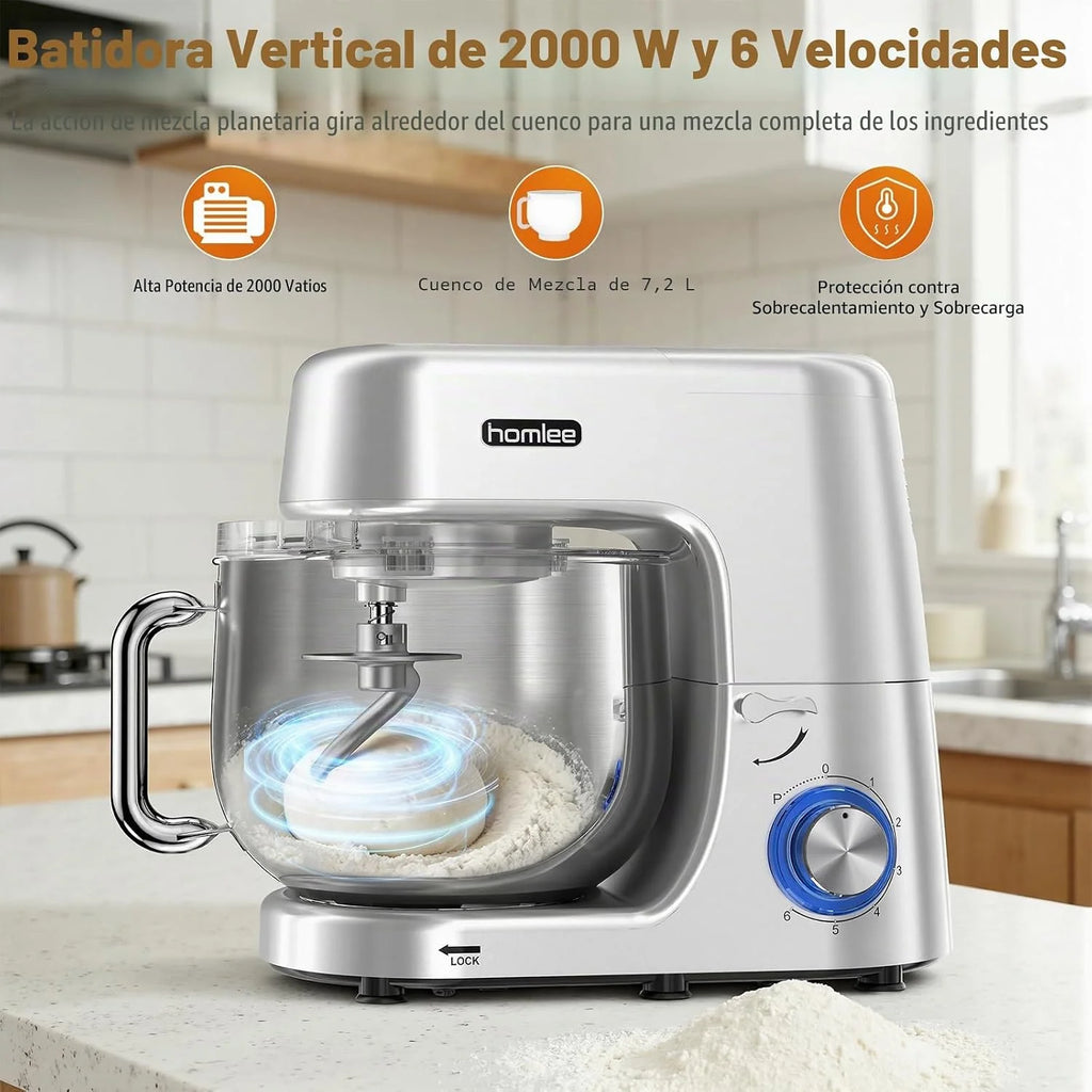 Homlee Batidora Amasadora Profesional 2000W Bajo Ruido Amasadora de Pan,con Bol de Acero inoxidable de 7.2 L,Amasador,Batidor,Varillas y Protección Para Salpicaduras 6 Velocidades