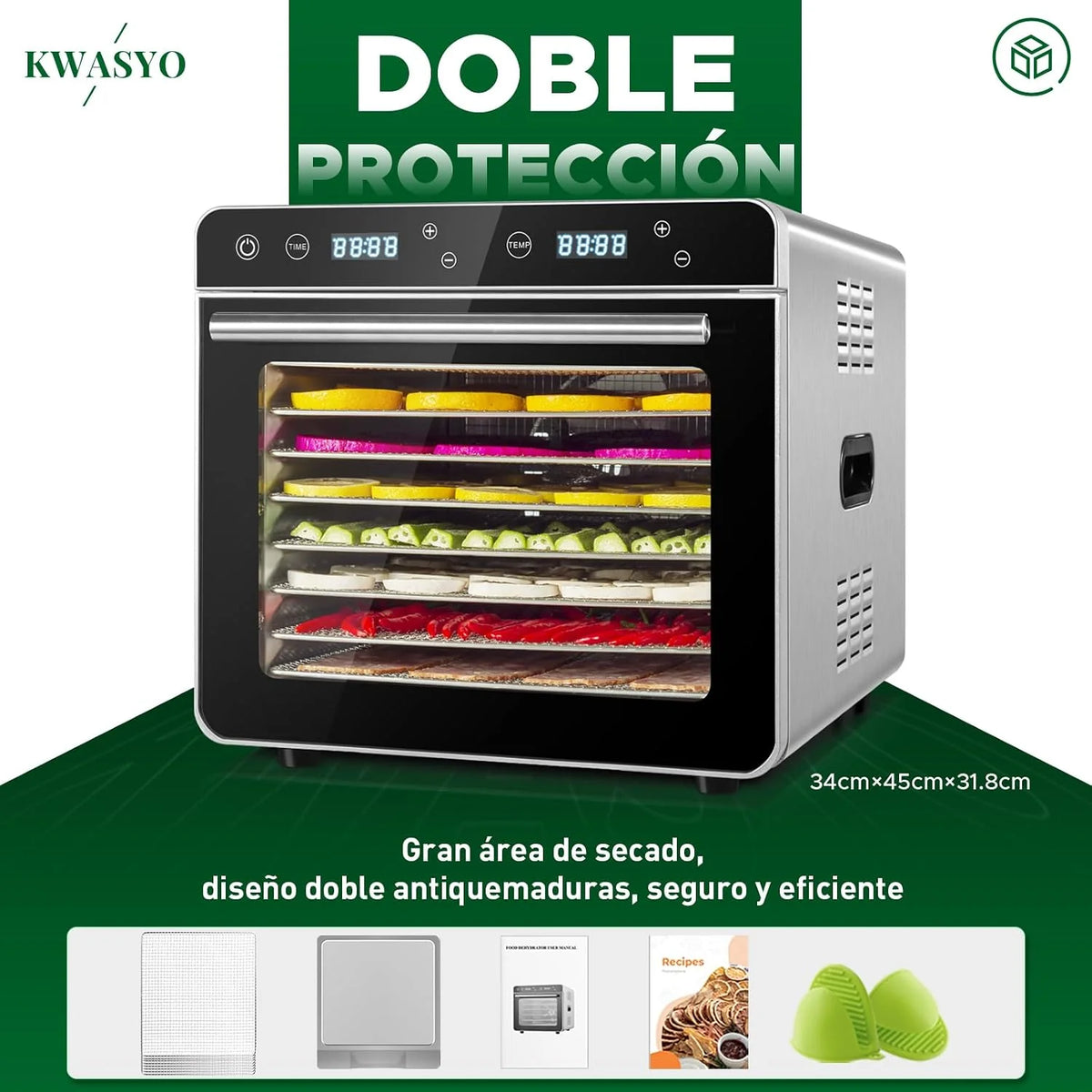 Kwasyo Deshidratador de Alimentos, Deshidratadora con 8 Bandejas de acero inoxidable, Temperatura adjustable 30-85℃, Temporizador de 24 horas, Secador de alimentos para frutas, Veg, Carne, Setas, 700W