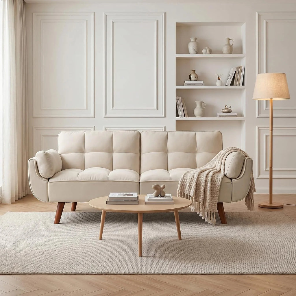 JIEXI Modern Fabric Sofa Bed, 3 Seater Convertible Futon Sofa with 3 Adjustable Angles, 71" Living Room Sofa Bed with Wood Legs, Heavy Duty 507lbs, Grey (180cm, Beige)