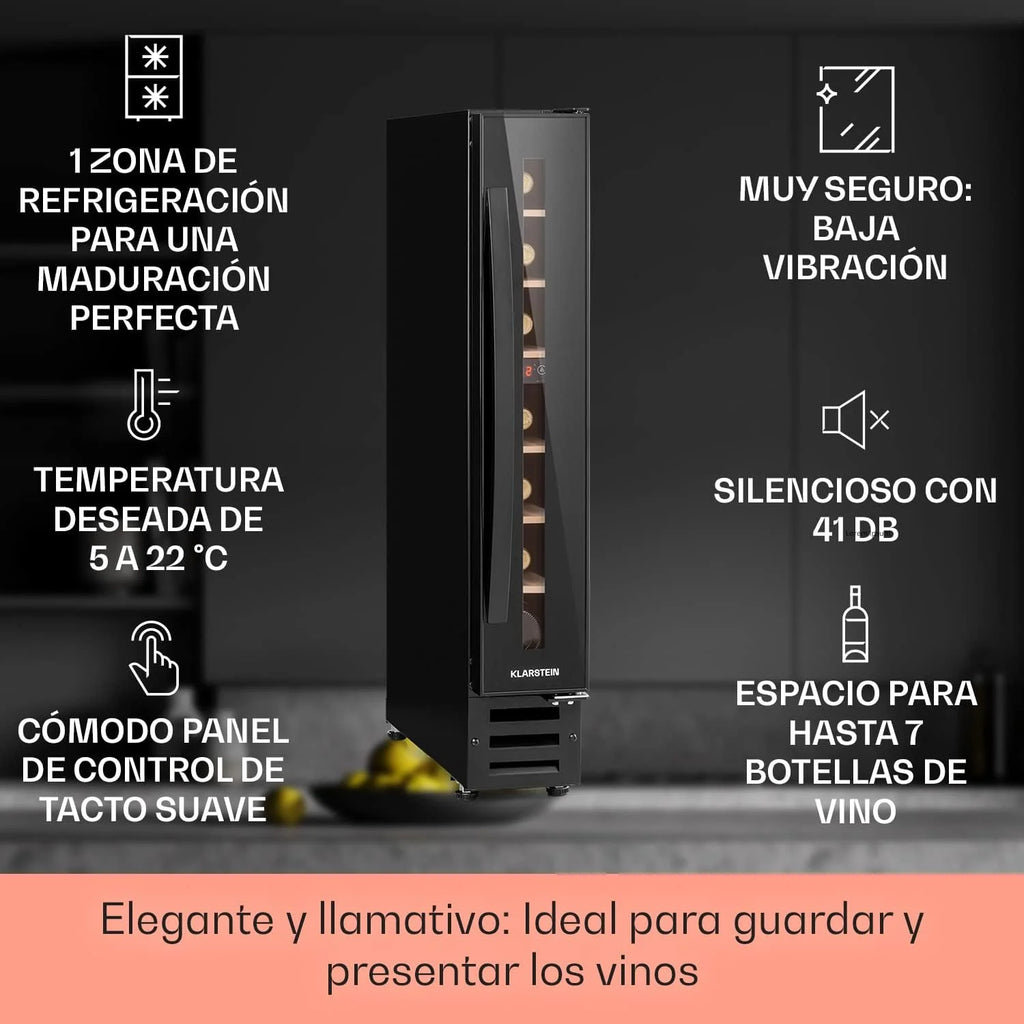 KLARSTEIN Vinoteca, Nevera para Vinos con 1 Zona de Refrigeración, Botellero Puerta Cristal para Vino, Proseco, Expositor Interior y Exterior, Panel Táctil, 20 L., Vinoteca Capacidad 7 Botellas