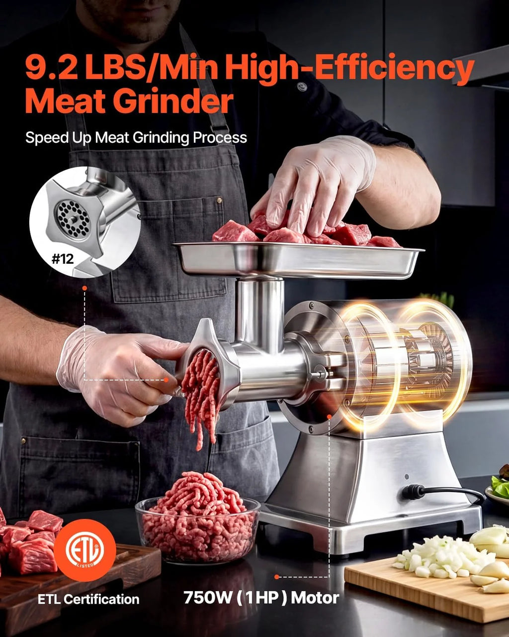 VEVOR Picadora de Carne 750W 1 HP, Picadora de Carne Eléctrica 4,2 kg/min, de Acero Inoxidable, con 2 Placas, 3 Tubos de Embutir Salchichas, para Cocinas Domésticas, Restaurantes, Carnicerías