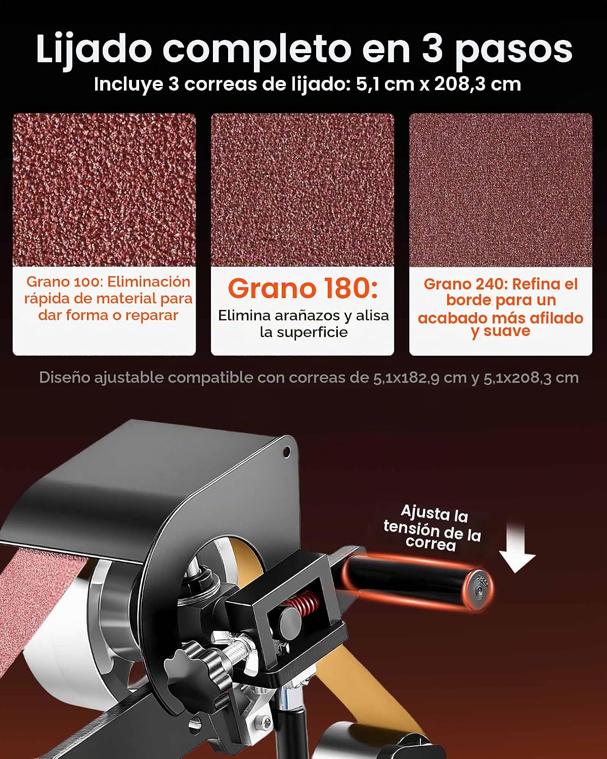 VEVOR Lijadora de Banda, 1500 W Lijadora Eléctrica de Correa con Motor de Cobre Puro, Velocidad Variable 0-2800 r/min, Tamaño de Cintas 5 x 208 cm, Lijadora Pulidora Amoladora para Pulir Herramientas