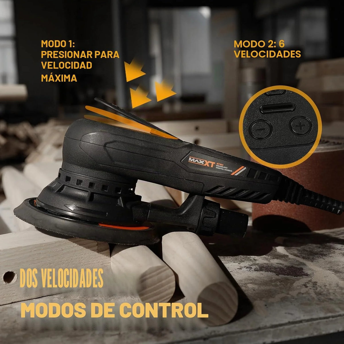 MAXXT Lijadora Orbital Aleatoria 2.5mm Sin escobillas 230V Multifuncional Velocidad Variable Eléctrica Corded Orbital Lijadora Máquina con 10 Papel de lija para trabajar la madera