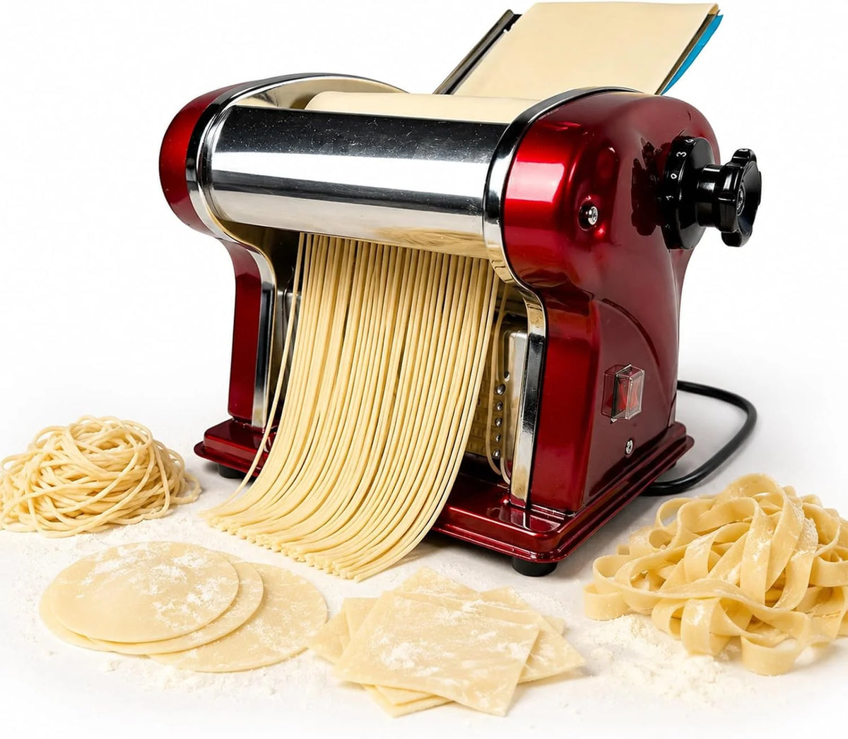 Máquinas Eléctricas Para Pasta - Fabricante de Fideos con Rodillo y Doble Cuchilla de Acero Inoxidable - 1.5mm (Redondo) y 4mm (Plano) - Para Uso Doméstico y Comercial