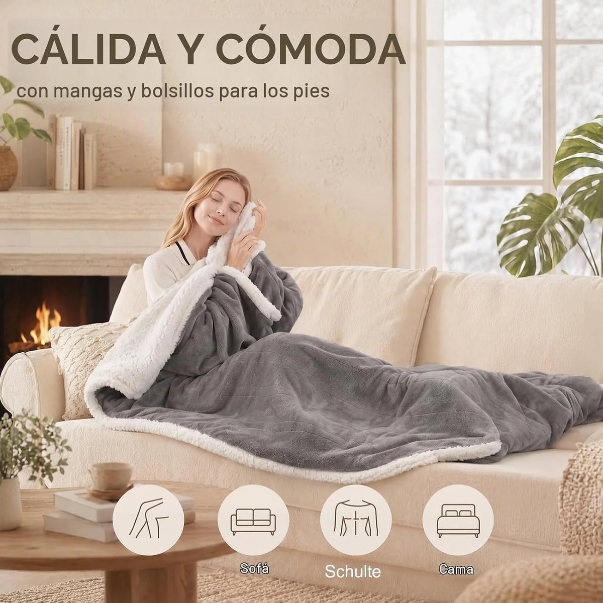 Manta eléctrica portátil con mangas, manta térmica eléctrica con bolsillo para los pies, 6 niveles de calor y apagado automático de 2 a 10 horas, gris claro, 127 x 177,8 + 45,7 cm
