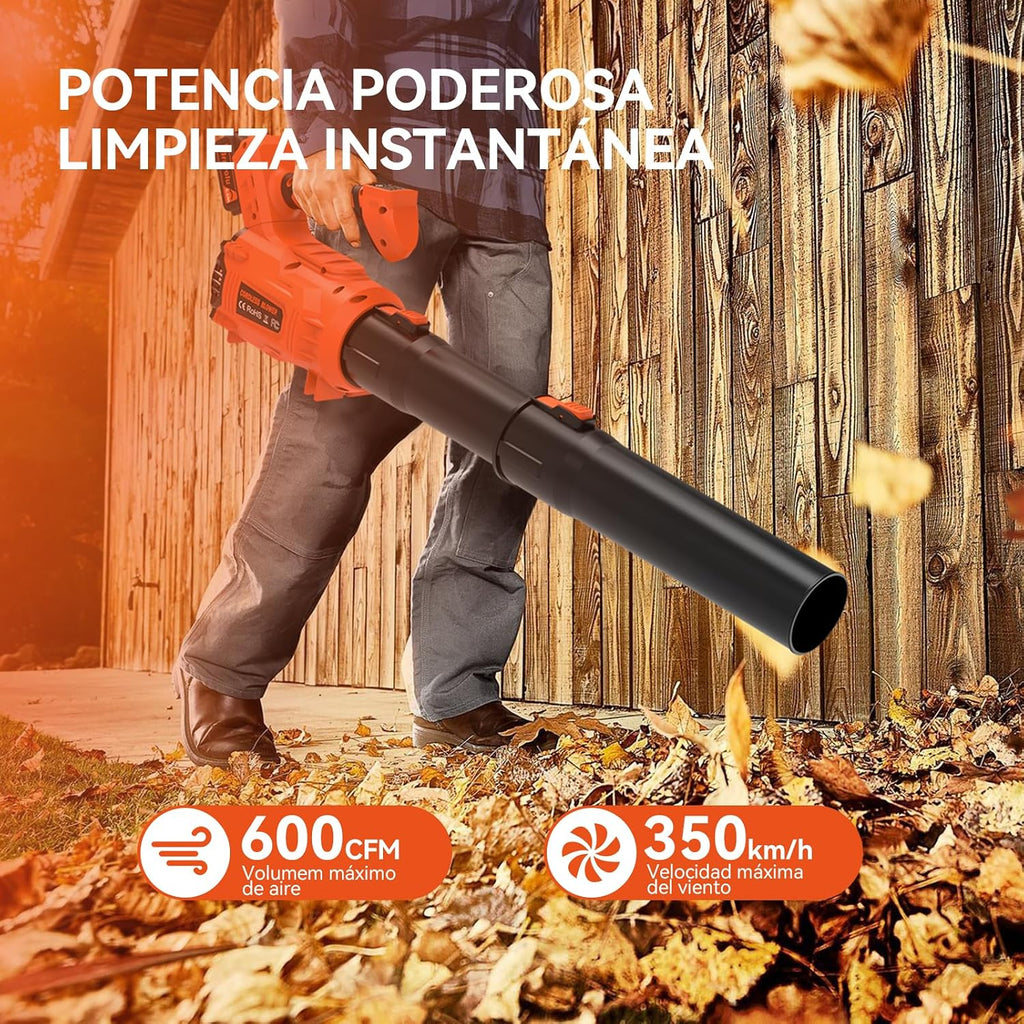 Soplador de Hojas, Bravolu Soplador con 2 Baterías de 5200 mAh y Cargador, Potente Motor sin escobillas, Velocidad del Aire MAX 305 km/h, 5 Velocidades Soplador de Hojas Eléctrico con Modo Turbo