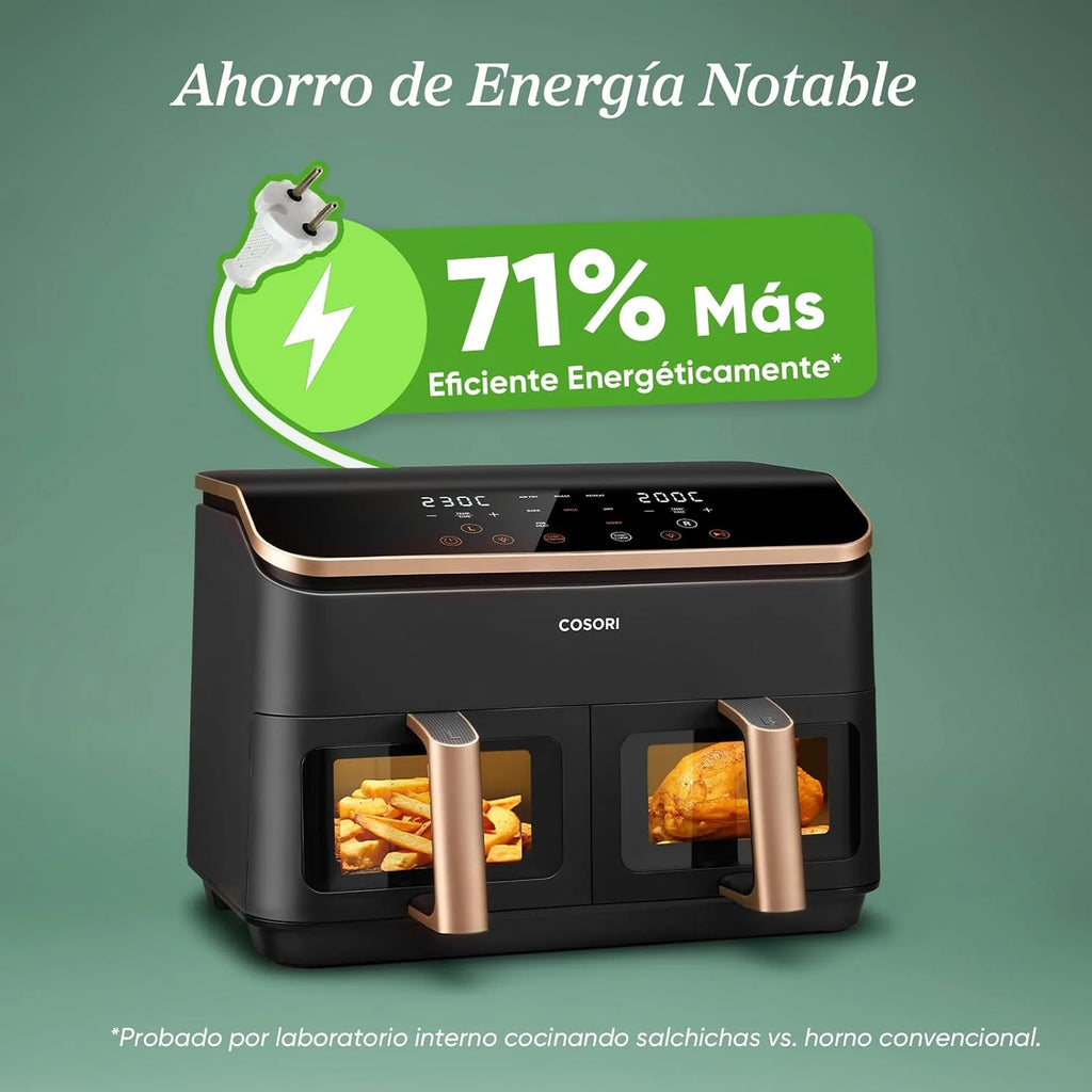 Cosori Freidora de Aire 8,5L, Doble Cesta con Ventana, 10 Funciones, Oro