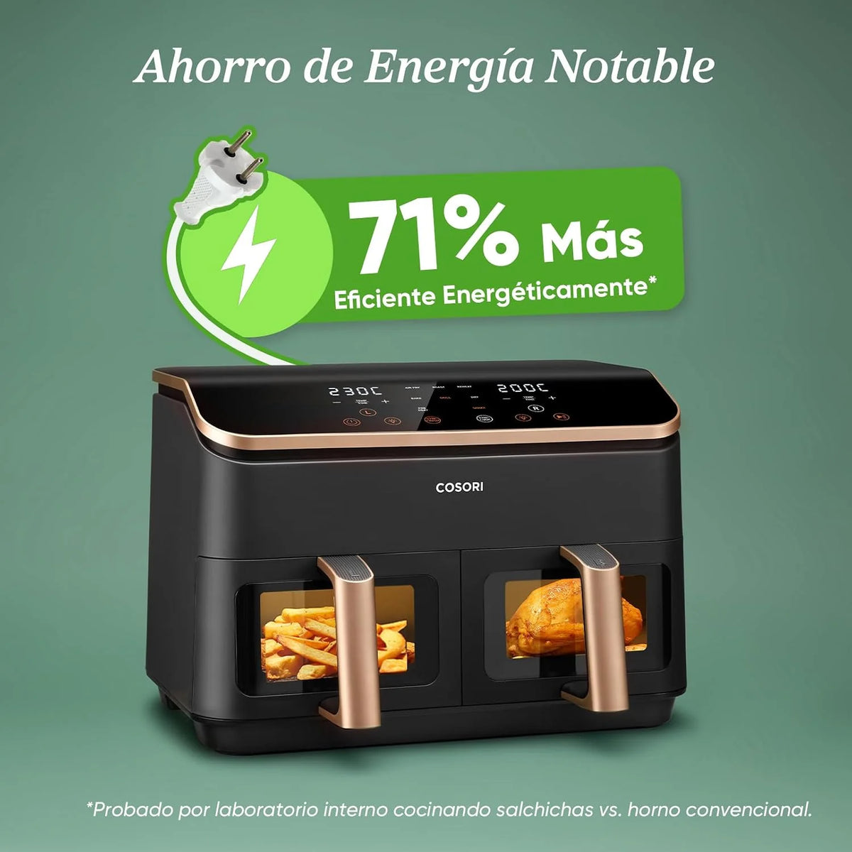 Cosori Freidora de Aire 8,5L, Doble Cesta con Ventana, 10 Funciones, Oro