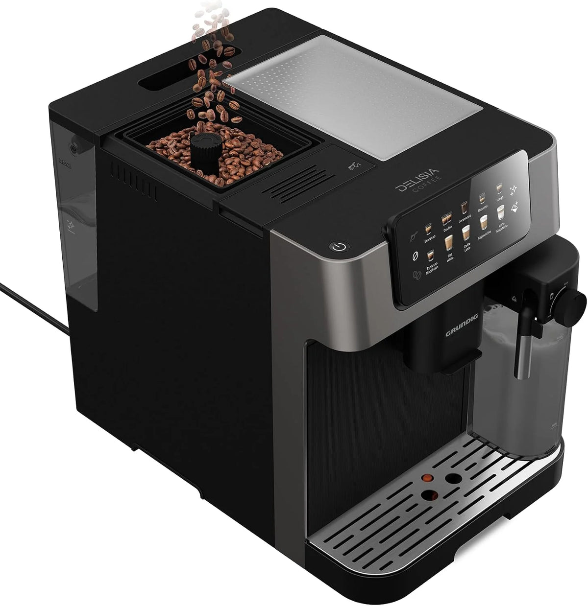 Grundig KVA 7230 Máquina automática de café, 10 especialidades de café, 13 niveles de molienda, tanque de leche, potencia de 1350 W, presión de bomba 19 bar, doble boquilla, iluminación, negro/plata