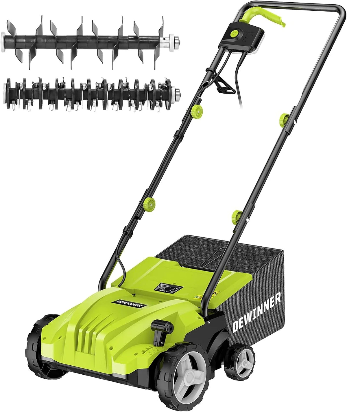 DEWINNER Escarificador eléctrico 2 en 1, aireador de césped 1500W, 32 cm de Ancho de Trabajo, Cesta de Recogida de 30 l, Ajustable en 4 Niveles de -12 Biz + 4 mm