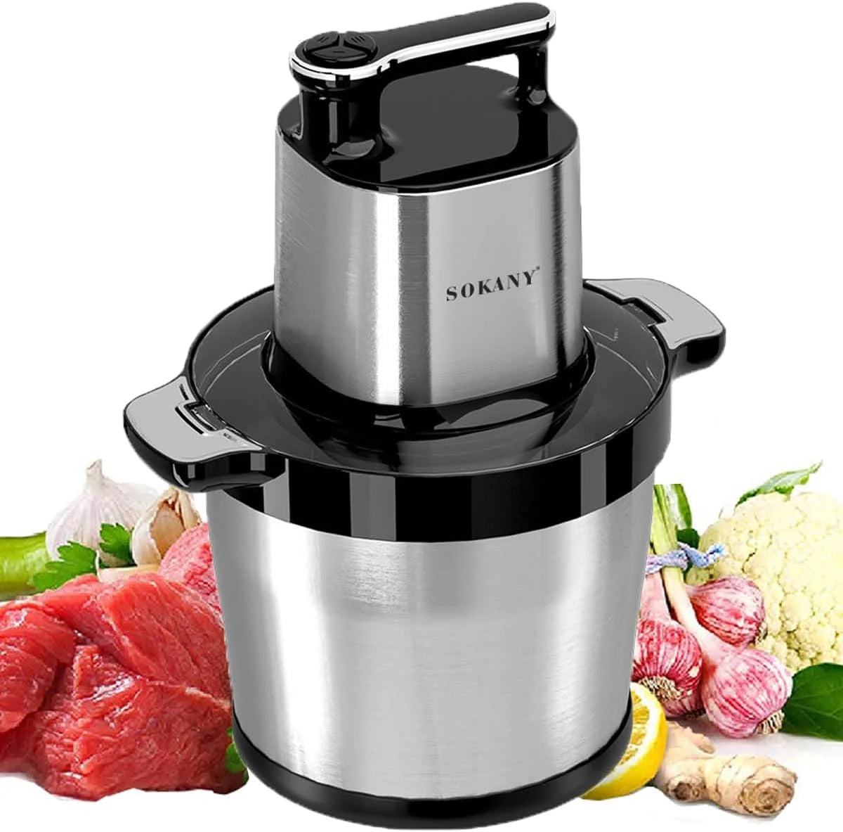 SOKANY 1500W Picadora de Carne y Verduras Eléctrica 8L Trituradora de Alimentos de Acero Inoxidable, Picadora Batidora Eléctrica de Cocina 6 Cuchillas y 3 Velocidades