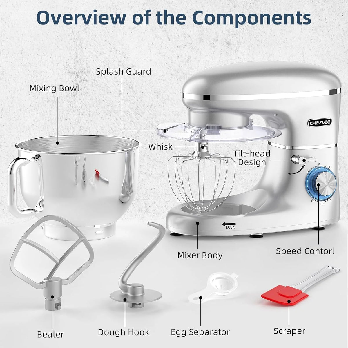 CHeflee Batidora Amasadora Profesional,2000W Amasadora Pan Repostería,6.2 L Bajo Ruido Robot de Cocina Multifunción,Gancho para Masa,Batidor Plano,Protección para Salpicaduras 6 Velocidades Batidora