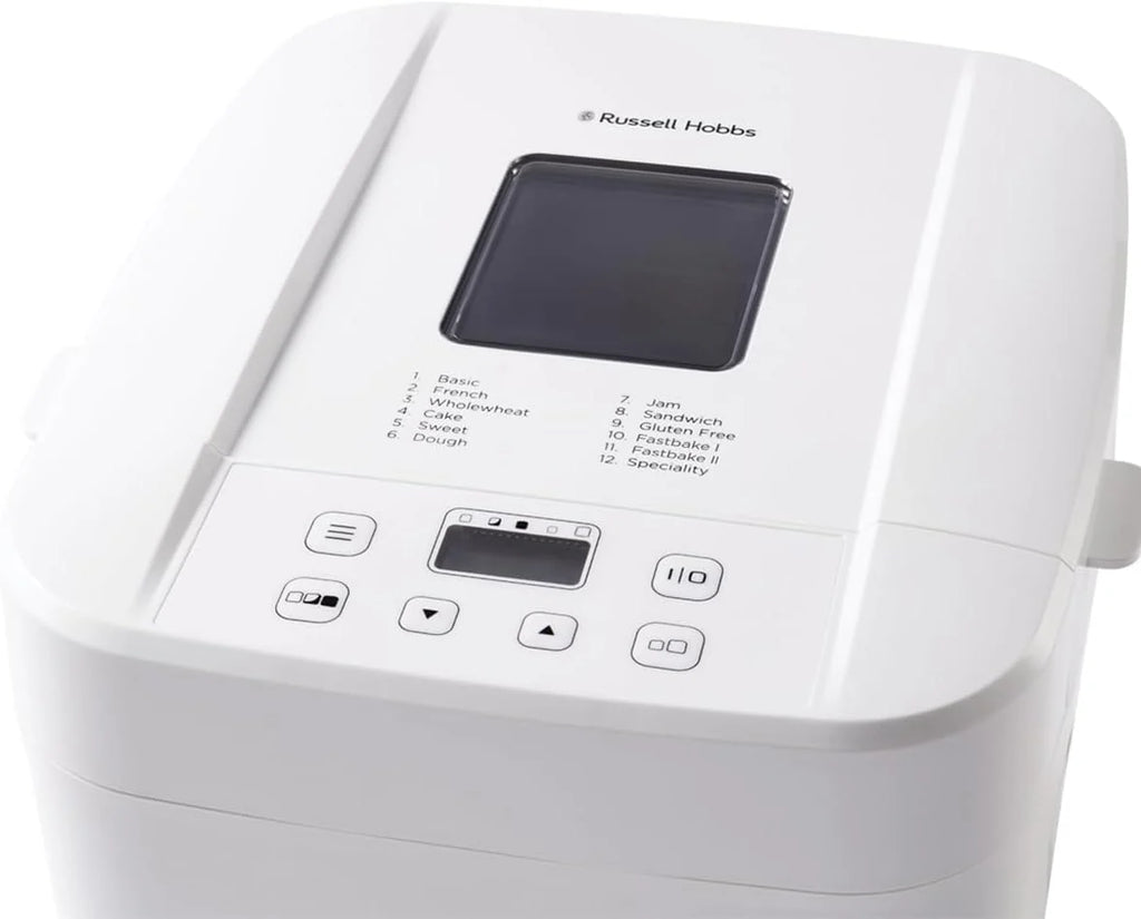 Russell Hobbs Panificadora de Pan, 12 programas, 3 niveles de corteza, compacto (temporizador, 2 tamaños pan de 750 g y 1.000 g, pan básico, integral, baguette y repostería), 27260-56