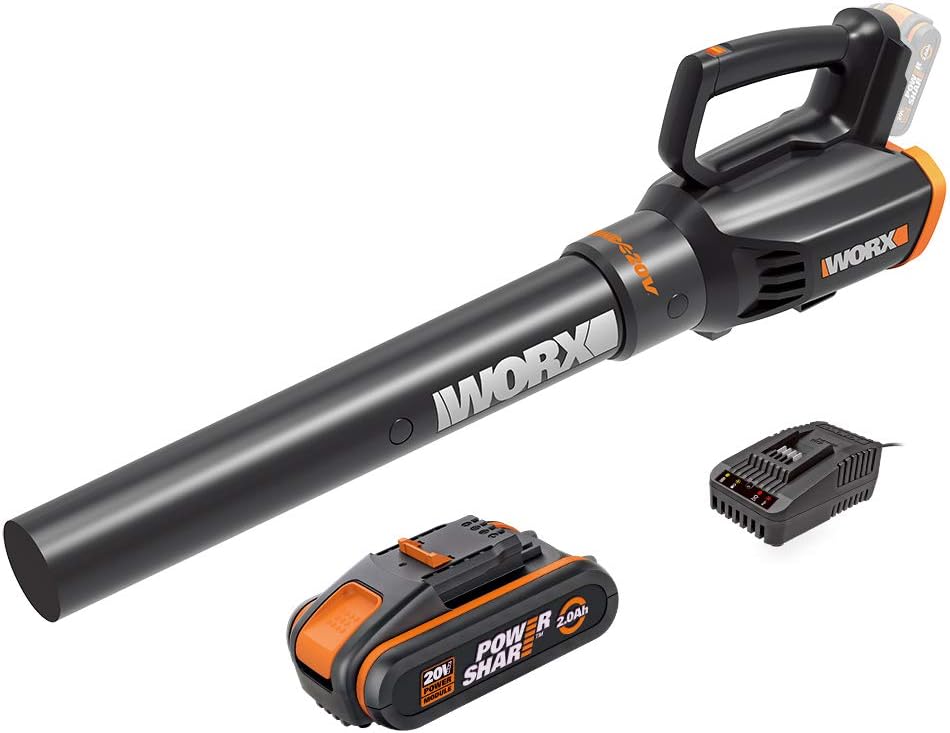 WORX 18V (20V MAX) Soplador de Hojas a Batería WG547E, 1 batería de 2.0Ah, PowerShare, 2 Velocidades, Velocidad de Soplado 120km/h, Tecnología de Turbina, Cargador Rápido de 1 Hora