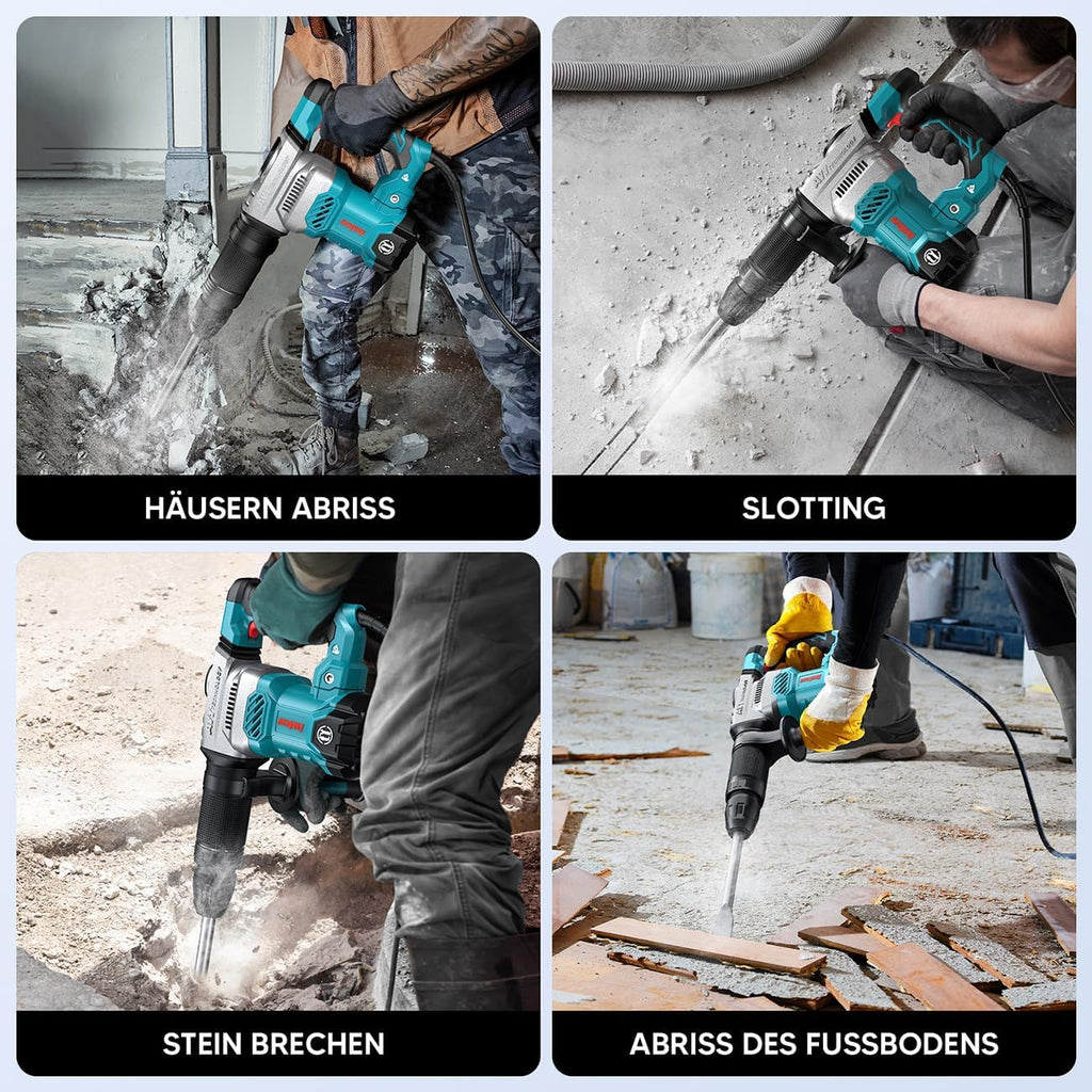ENEACRO Martillo de Demolición SDS-Max, Potente Martillo Demoledor Eléctrico 1300W 20 Joule con Cuerpo de Aleación de Aluminio, Sistema Anti-Vibración, Incluye Cinceles y juegos de herramientas