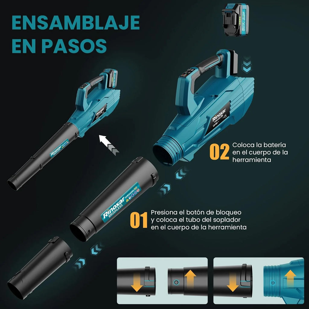 Soplador de Hojas, 5 Velocidades Sopladora de Hojas con Bateria con Motor Brushless, 2 Baterías de 5.2Ah/18V, 35.000 RPM, Velocidad Aire 180 km/h, Vaudal Aire 800 m³/h, 2 Boquillas Intercambiables