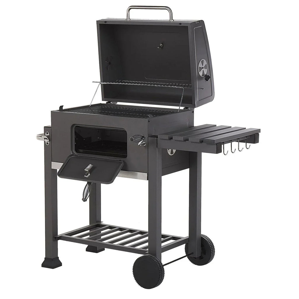 Barbacoa De Carbón Parrilla De Acero Gris Con Tapa Rejilla Ruedas 2 Estantes Termómetro Cenicero Extraíble Jardín Pavlof - Gris