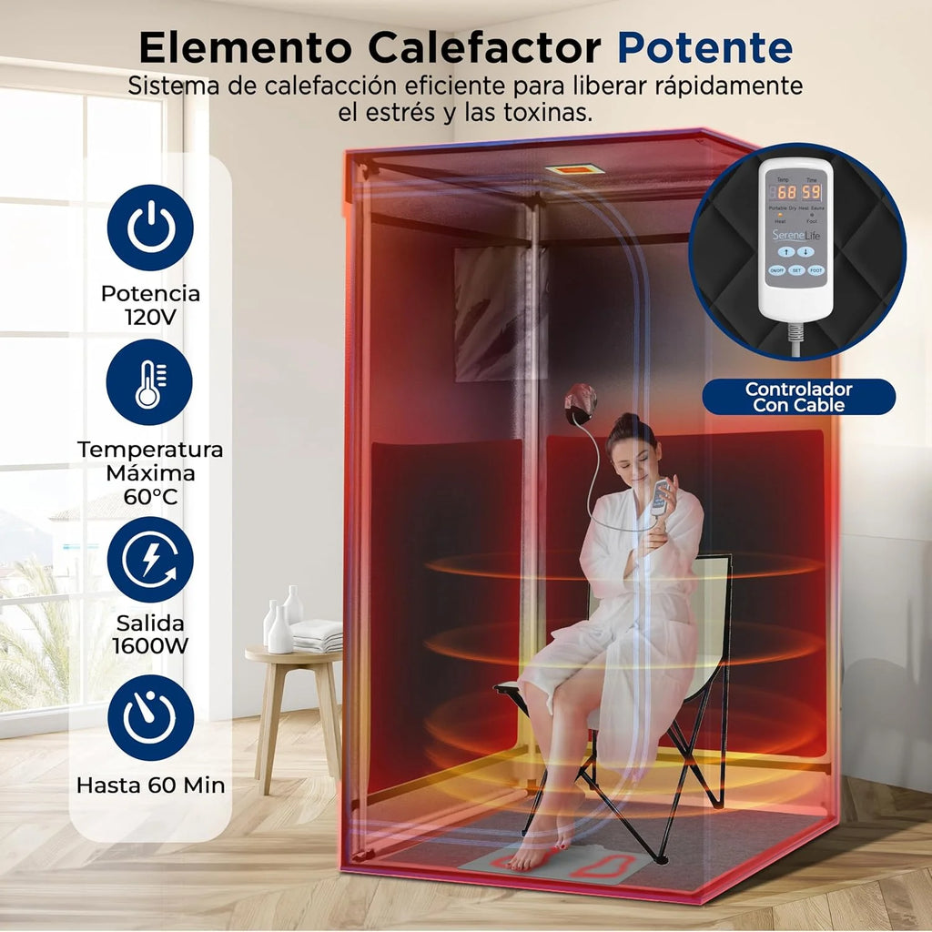 SereneLife SPA portátil infrarrojo de tamaño Completo para el hogar. Sauna para una Persona con Almohadilla calefactora para los pies y Silla plegable