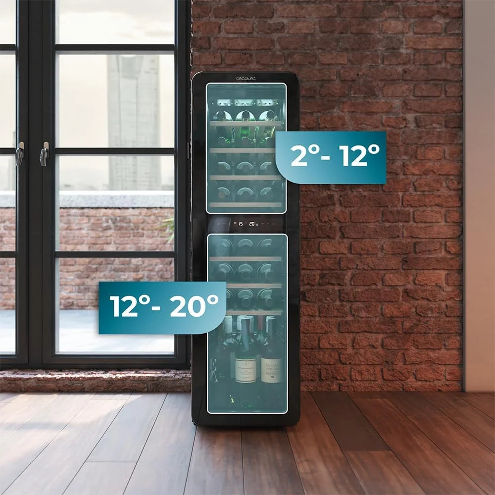 Cecotec Vinoteca 30 Botellas Retro Bolero Grandsommelier Origin Duo 30 Hit Beige. Acabado En Negro Con 2 Zonas De Temp. (5-12ºC, 12-20ºC), Control Led, NoFrost, Estantes Madera, Luz Interior