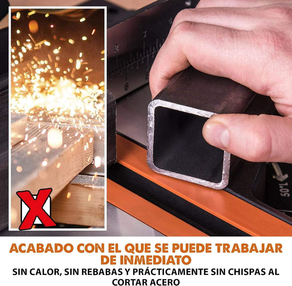 Evolution Sierra ingletadora deslizante de 185 mm (R185SMS+) de Evolution con corte multimaterial; bisel de 45°, inglete de 50°; guía láser. Incluye hoja multiusos