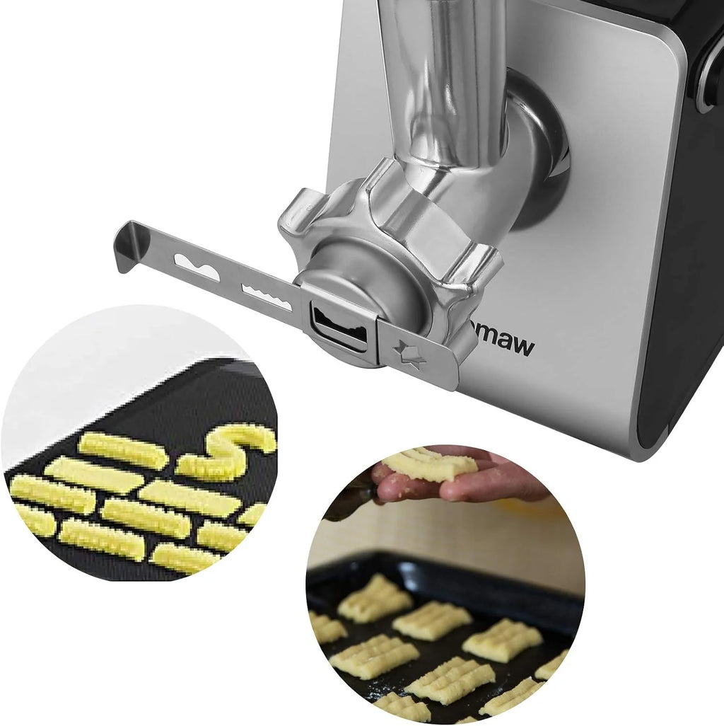 Nictemaw Picadora de Carne Eléctrica, 2000W Max,4 in 1 Salchicha y Máquina Picadora Carne,Máquina Hacer Galletas, Maquina Ensaladas,máquina cortar cubitos, Cuerpo Acero Inoxidable