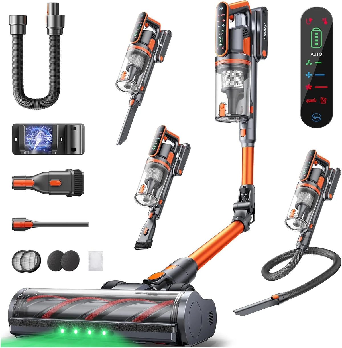 Fieety Aspiradora sin Cable 55KPa/650W/70Min(ECO), Aspiradora Escoba Potente con Brazo Flexible, Manguera 1M, Cepillo Anti-Enredo con Luz, Modo Auto, Aromática, Carga Pared, para Suelos/Alfombras/Pelo