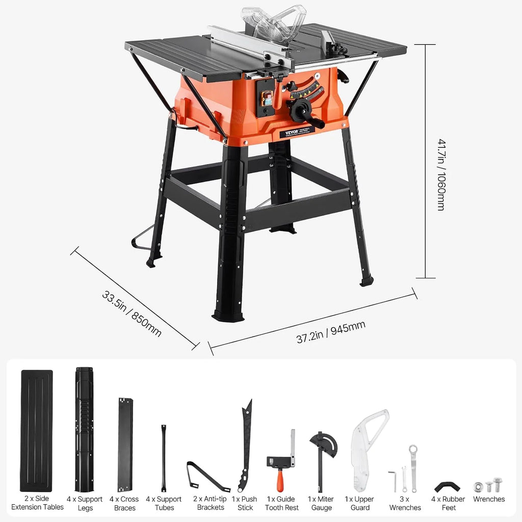 VEVOR Sierra de Mesa de 945 x 850 x 1060 mm con Soporte y Hoja de Sierra de 24 Dientes, Capacidad Máxima de Corte de 200 mm, Velocidad de Corte de 4800 RPM para Carpintería y Fabricación de Muebles