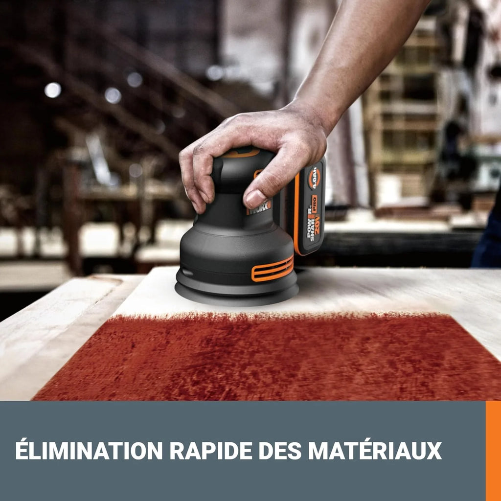 WORX NITRO – Lijadora excéntrica inalámbrica de 20 V – Bandeja de lijado de 125 mm – Ideal para superficies planas o curvas – Sin escobillas – Velocidad variable – Se entrega sin batería ni cargador –