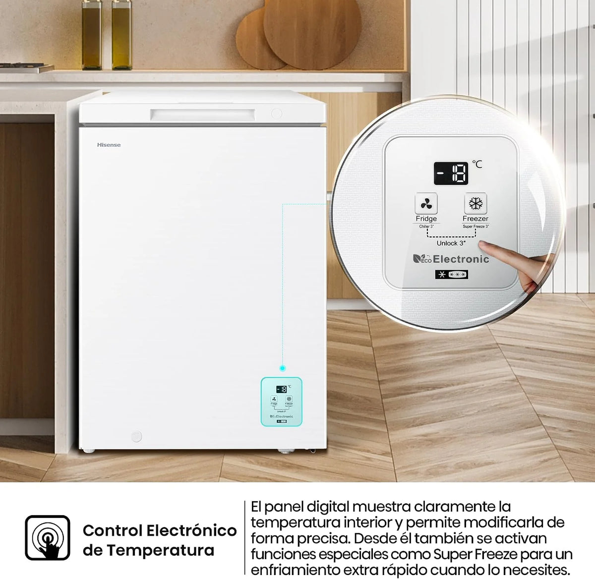 Hisense FT145N1AWDL - Arcón Congelador Horizontal, 141L, 86cm, Congelación 360°, Congelador Convertible, Control Electrónico de Temperatura, Freezer Protect, Goma de Puerta Antibacteria, Blanco