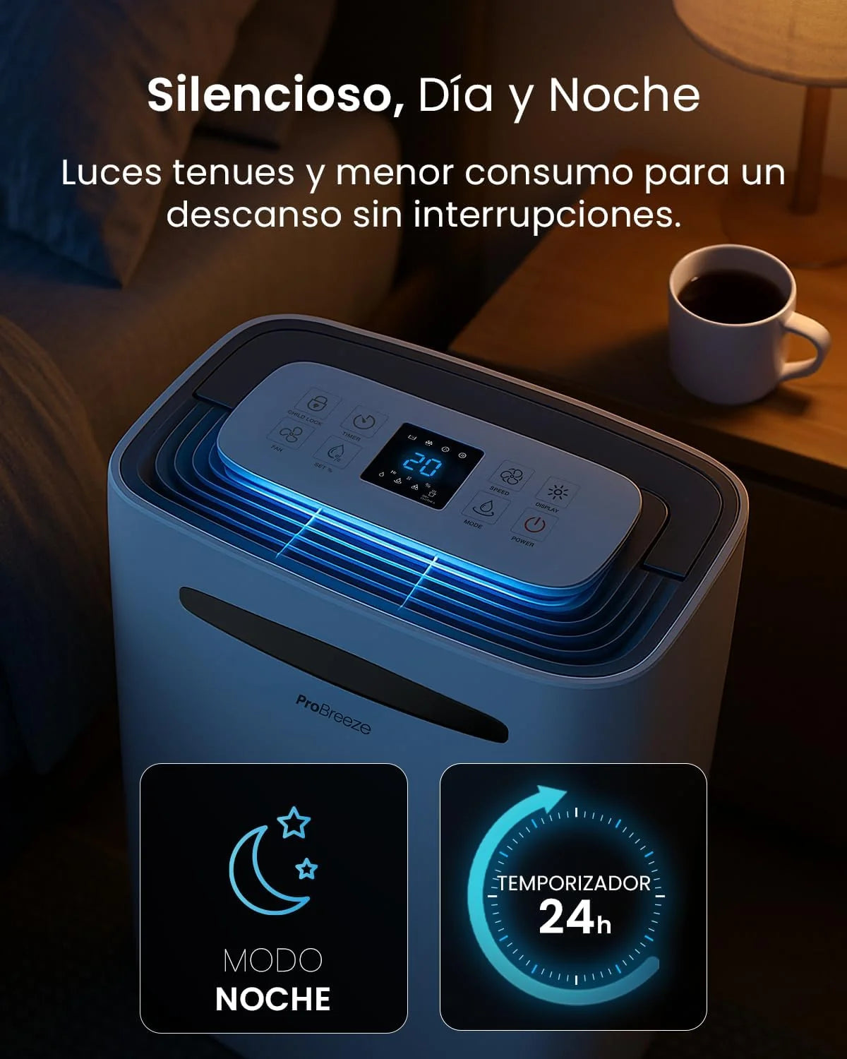 Pro Breeze Deshumidificador 20L Antihumedad, Deshumidificador Silencioso para Habitaciones hasta 30 m², Depósito Extraíble, Desagüe Continuo, 4 Modos, Temporizador 24 h, Seca la Ropa