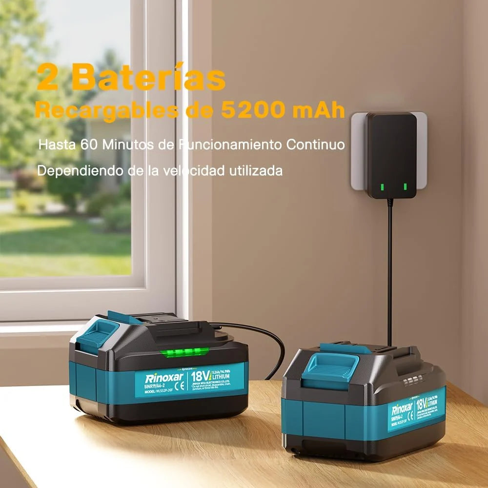Soplador de Hojas Inalámbrico, Motor Brushless, 2×18V/5200mAh y Cargador