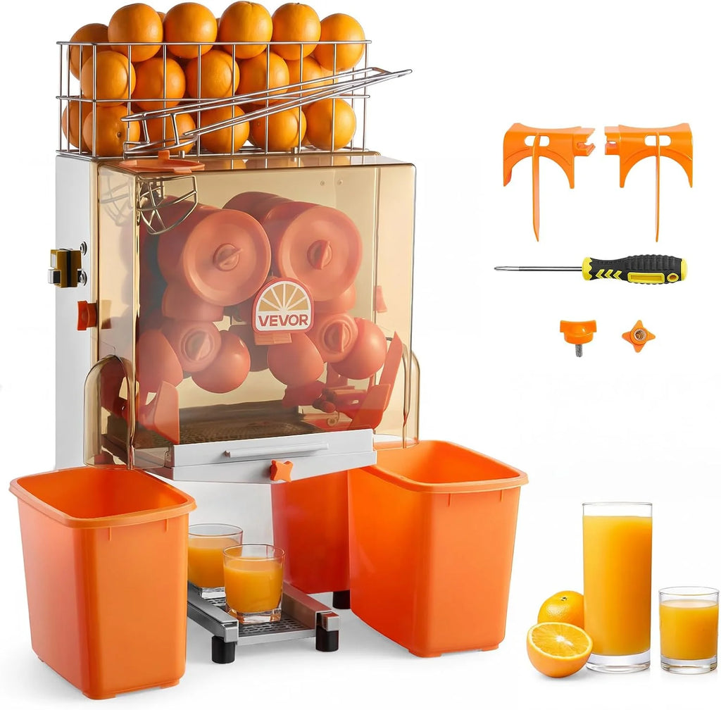 VEVOR Exprimidora de Naranjas Comercial 120 W de Acero Inoxidable y PC, Eléctrica, Con 2 Recipientes Recolectores, Capacidad para Hasta 20 Naranjas por Minuto, Para Limones y Cítricos 55-80 mm