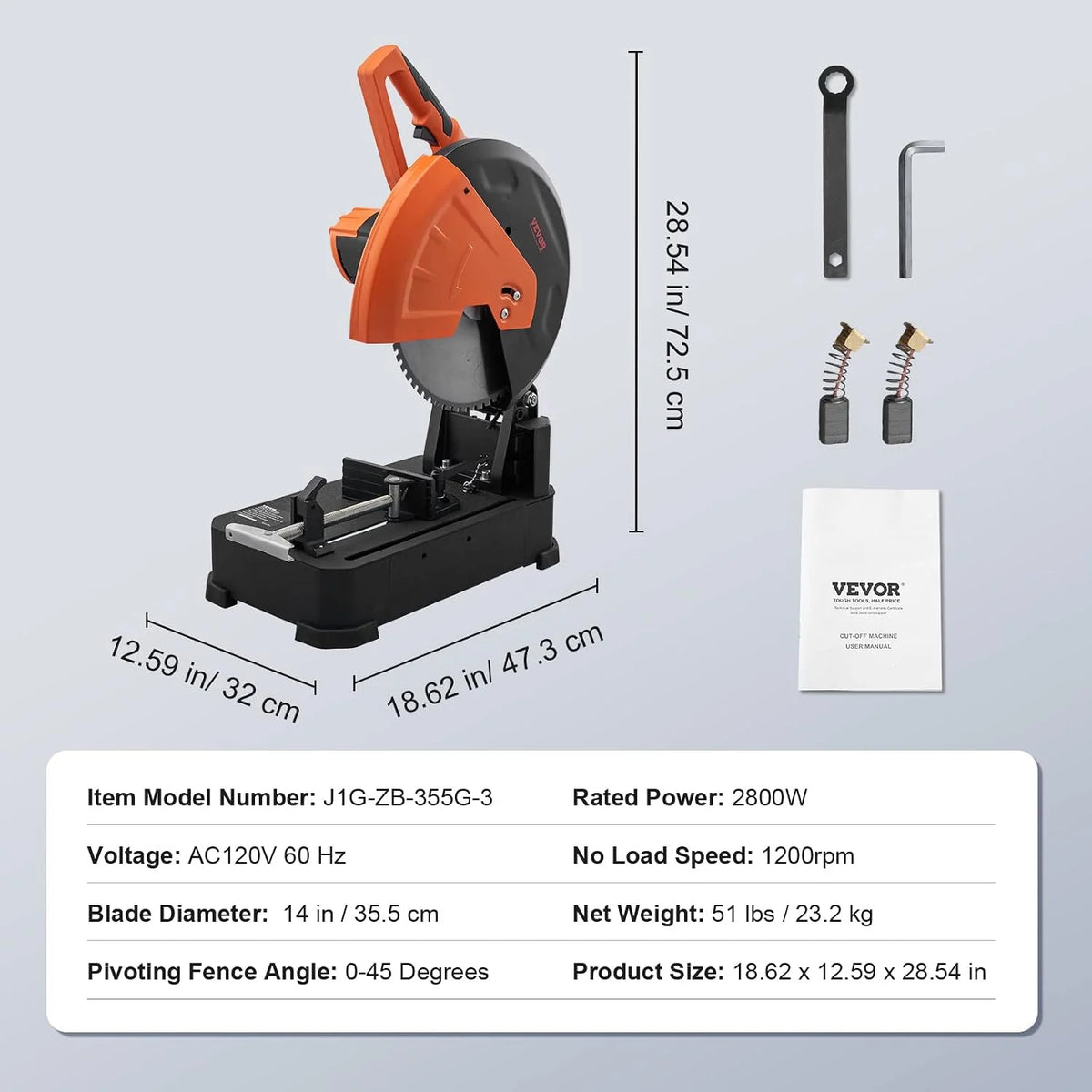VEVOR Sierra de Corte de Metal de 35,5 cm Sierra de Inglete de Metal 0-45° 2800 W 1200 rpm Sierra de Corte con Hoja de Acero Inoxidable y Aleación Cerámica Corte en Frío para Acero Hierro Aluminio