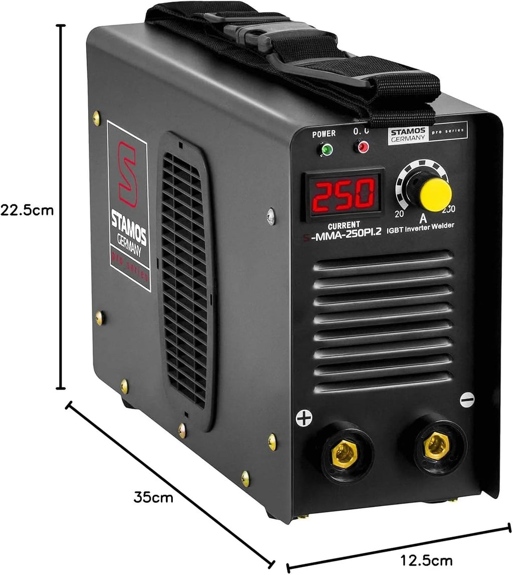 Stamos Germany Equipo de Soldadura Electrodo MMA (250 A, Cables de 8 m, Hot Start, Inverter IGBT, Electrodos de hasta Ø4 mm) PRO