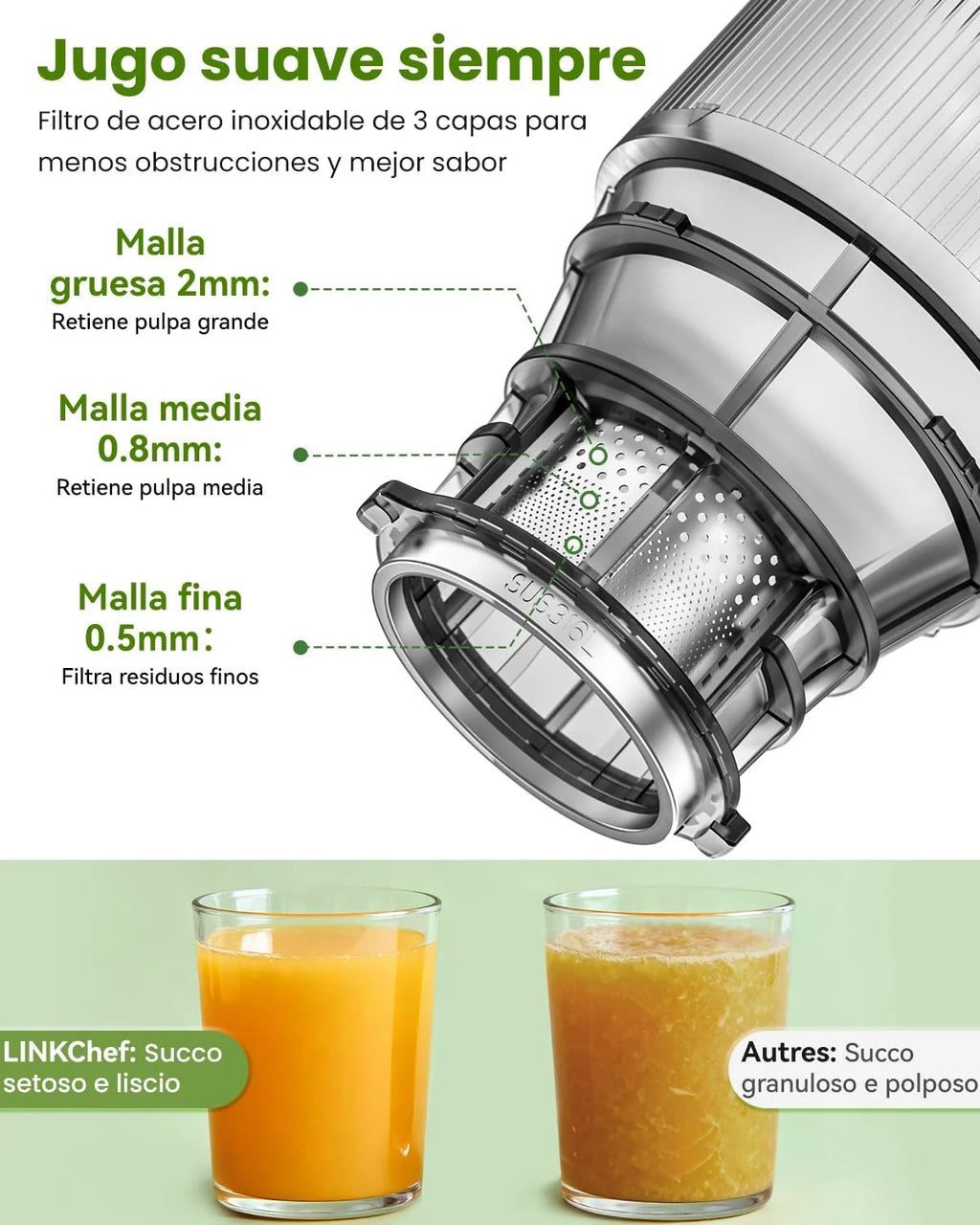 LINKChef Fruta Entera Extractor de Zumos y Verduras, 130mm Calibrey 1,8L Licuadora Prensado en Frio, 250W Extractor de Jugo Juicer Machine, Función de Masticación Inversa, Fácil de instalar y limpiar
