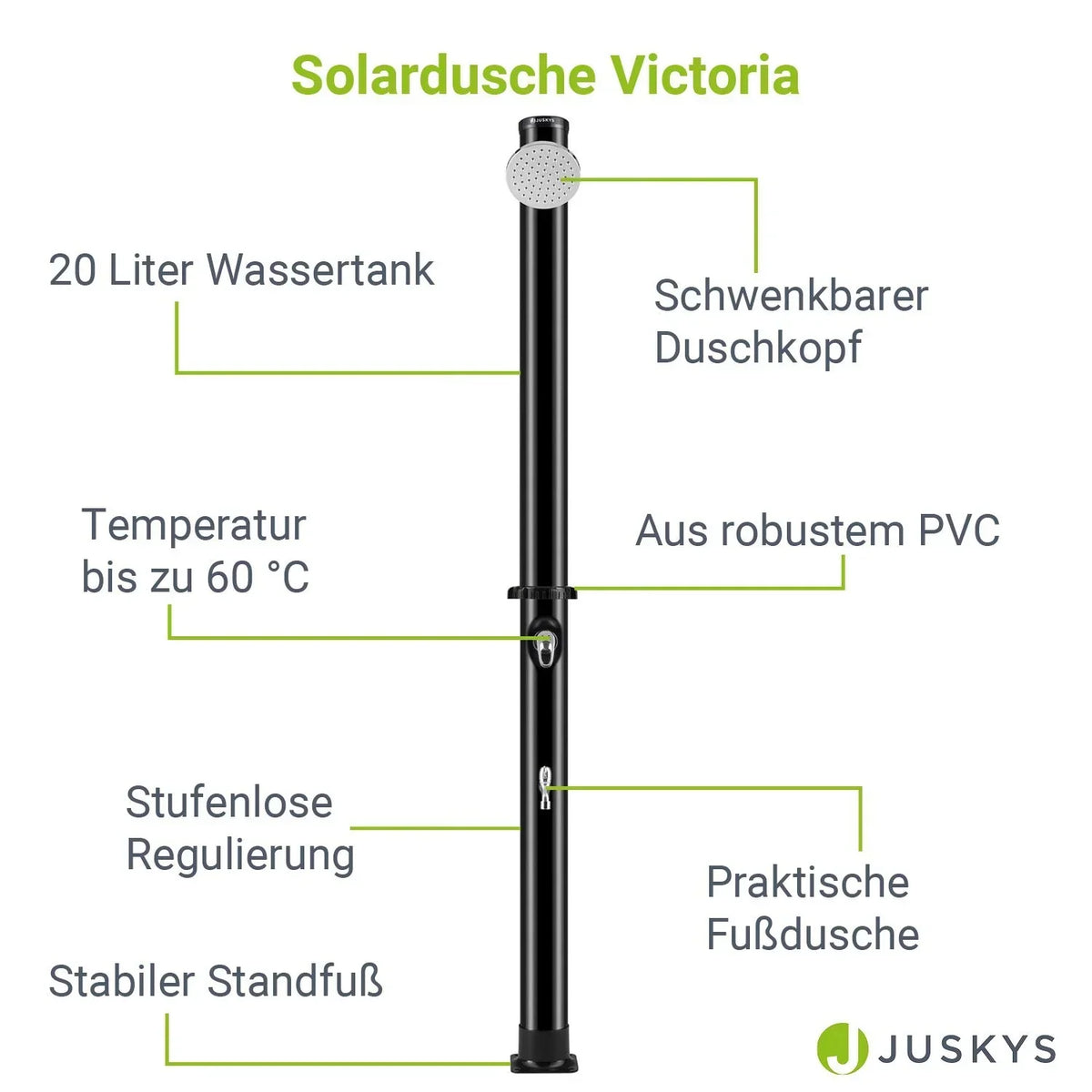 2025 Ducha Solar de Jardín Victoria 20 L Negra con Rociador Lluvia, Regulador de Temperatura y Ducha para Pies