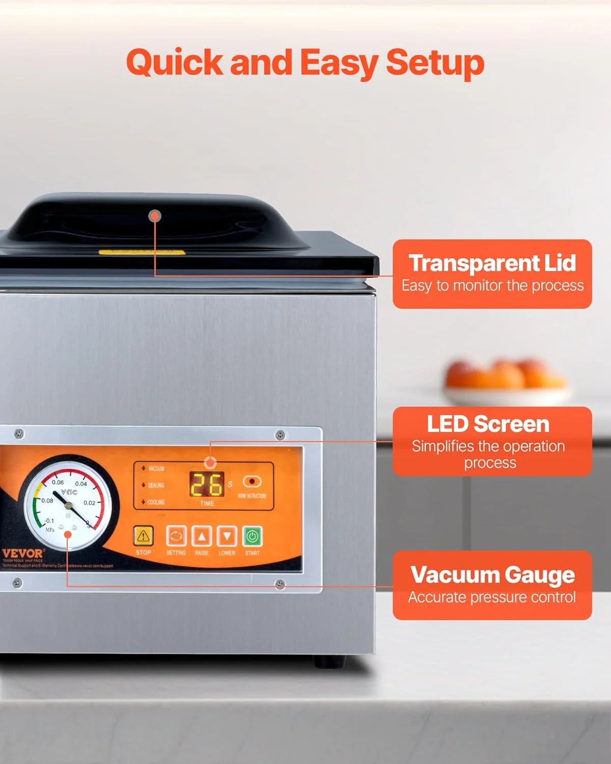 VEVOR Sellador al Vacío de Cámara 260 W Máquina de Envasado al Vacío de Acero inoxidable Tamaño Compacto de 260 mm para Cocina del Hogar Para Uso Comercial Para Alimentos Húmedos, Carnes y Adobos