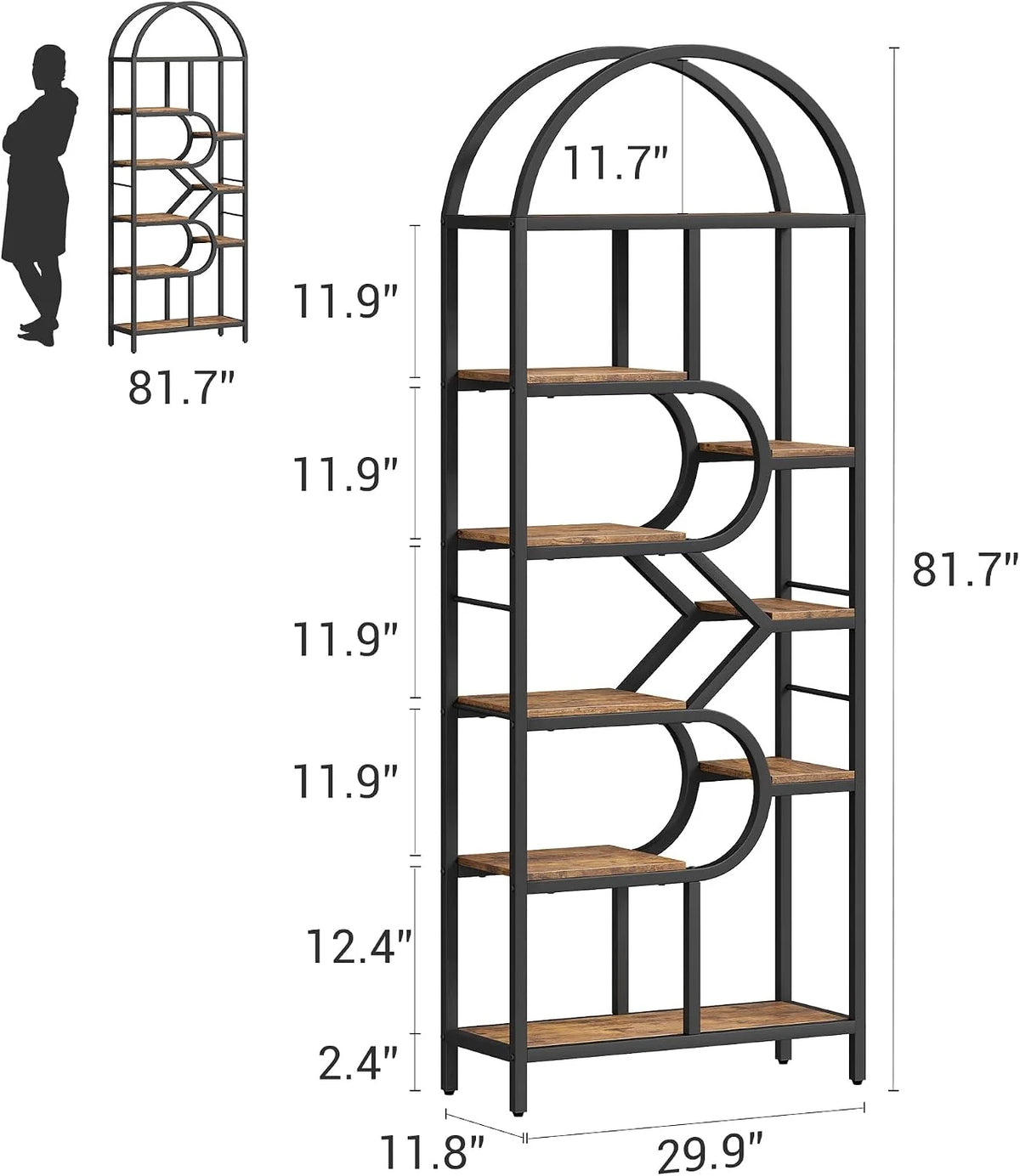 Estantería Arco Metal Negro Madera Vintage 6 Niveles Salón