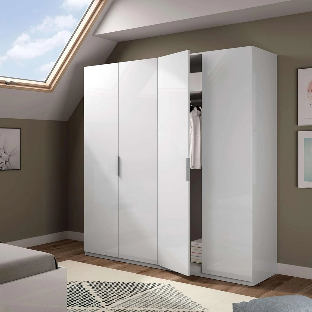 Habitdesign Wardrobe 4 Doors, 200 cm (H) x 180 cm (W) x 52 cm (D), Large Wardrobe 4 Doors, Gloss White