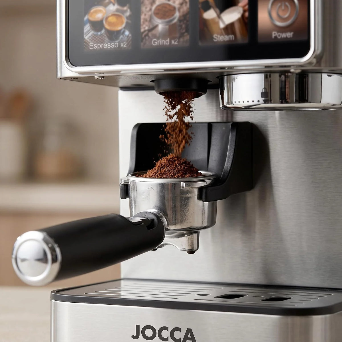 Jocca - Cafetera Espresso Semiautomática 20 Bar con Molinillo, Pantalla Táctil, 22 Niveles de Molienda, Vaporizador, Depósito 1,3L, 1450W, Acabado en cromado Acero Inoxidable