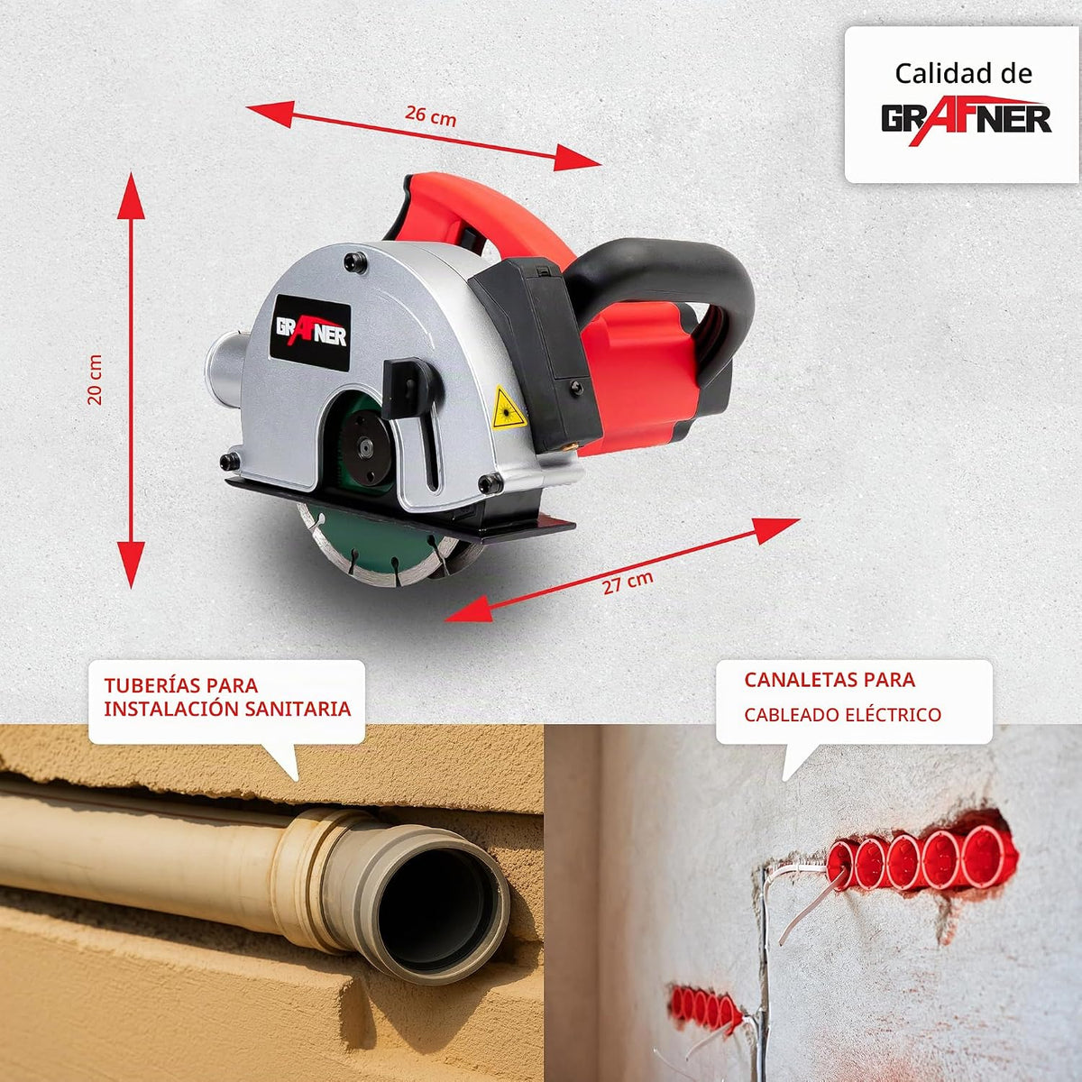 Grafner Fresadora de pared con láser, potente 1700 W con 4000 rpm, incluye 2 discos de corte de diamante de 150 mm de diámetro, extracción de polvo, ancho de ranura 14-29 mm, profundidad de ranura 10