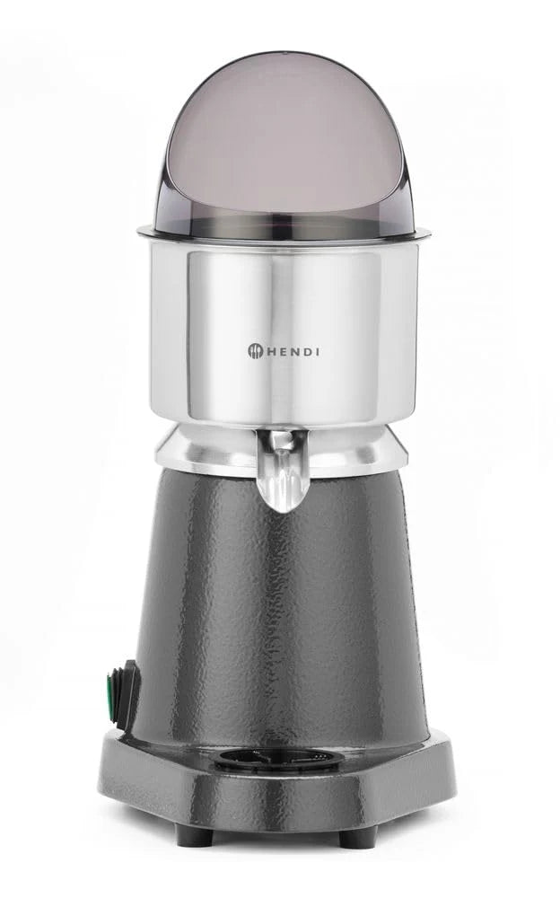 HENDI Exprimidor de cítricos, eléctrico, protección contra salpicaduras, 1500 rpm, 3 conos exprimidores ABS diferentes, 230V, 180W, 308x218x(463), acero inoxidable, policarbonato, plástico ABS