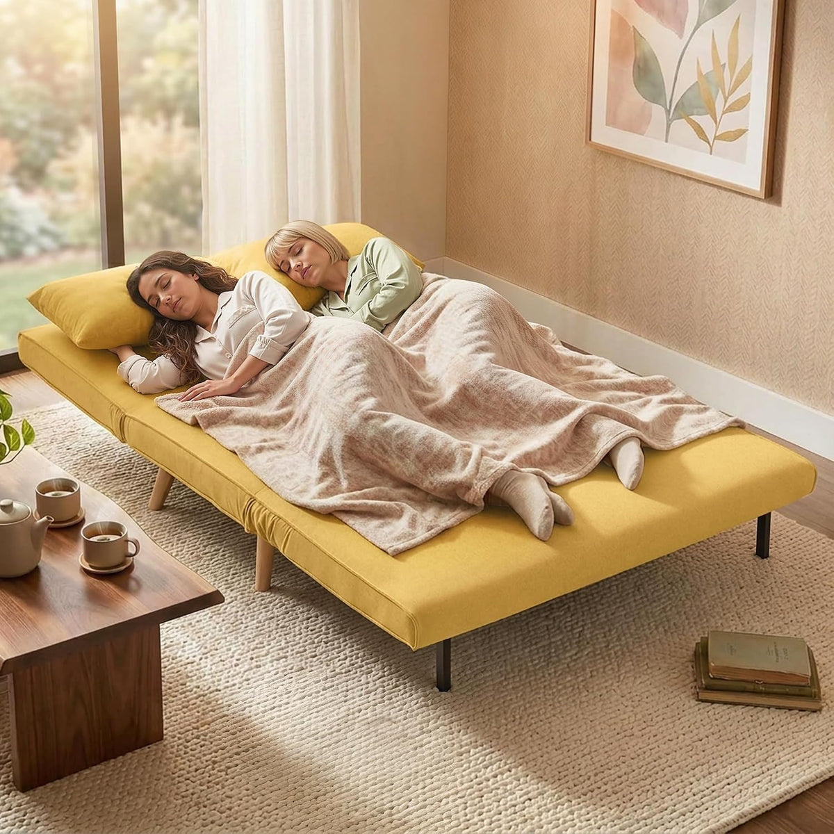 HOMCOM 3 in 1 Folding 2 Seater Sofa Bed Upholstered in Yellow Linen