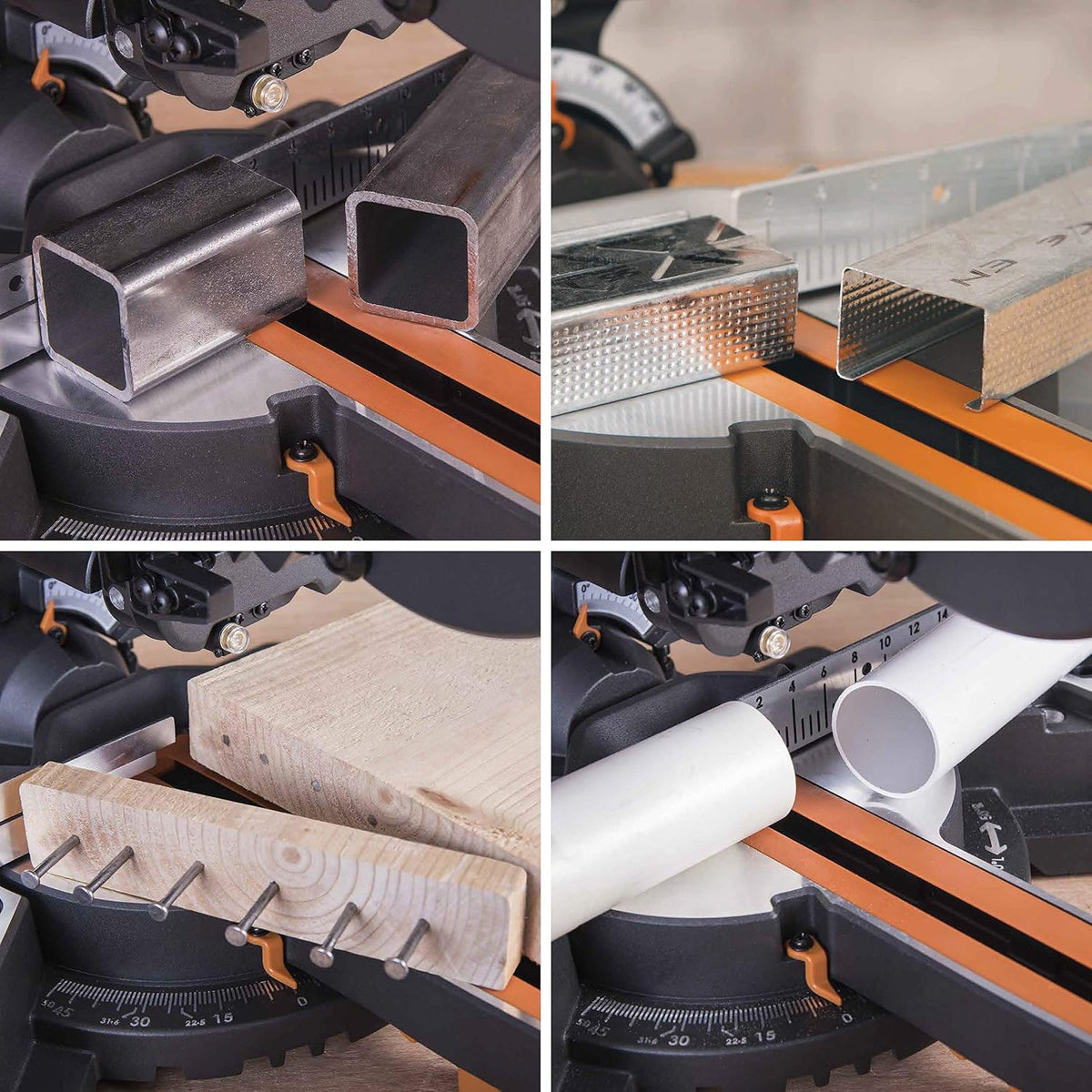 Evolution Power Tools R210SMS+ Ingletadora deslizante multimaterial de 210 mm, con paquete Plus, Corta acero dulce, aluminio, plástico, madera con clavos incrustados, 230 V